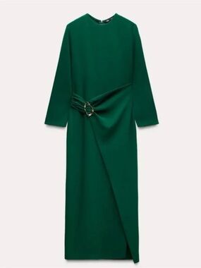Zara Deep Green Long Sleeve Midi Dress with Ring Detail